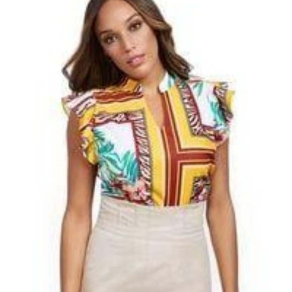 7th Avenue New York & Co. Tulip Yellow Split-Neck Flutter Sleeve Blouse Medium - Picture 2 of 12